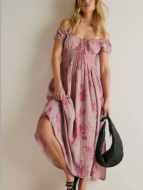 Free People Forget Me Not dress Off-Shoulder Pink Floral Maxi Dress